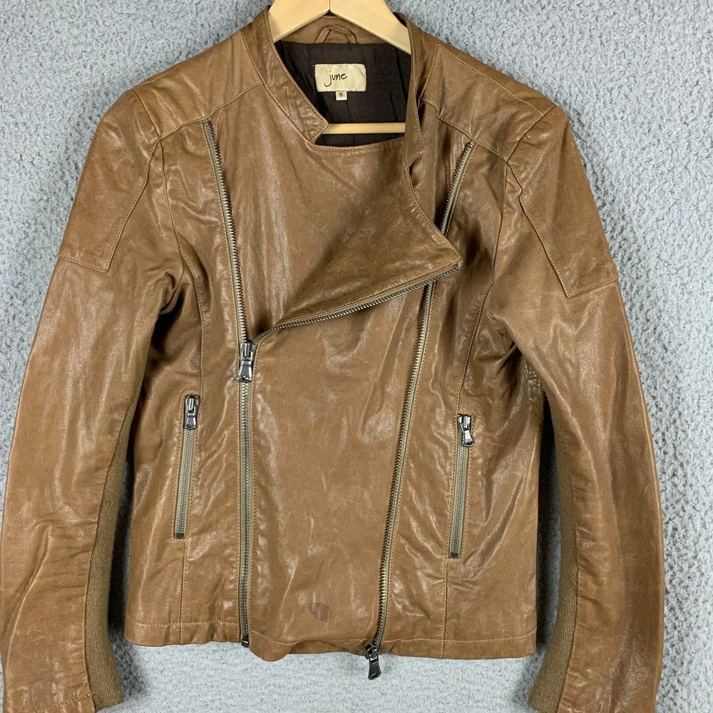 June Moto Jacket Women Small‎ Leather Brown Anthropologie